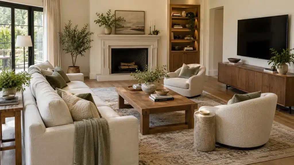 Sitting room with a fireplace, a TV on the adjacent wall, and two swivel armchairs around a wooden coffee table