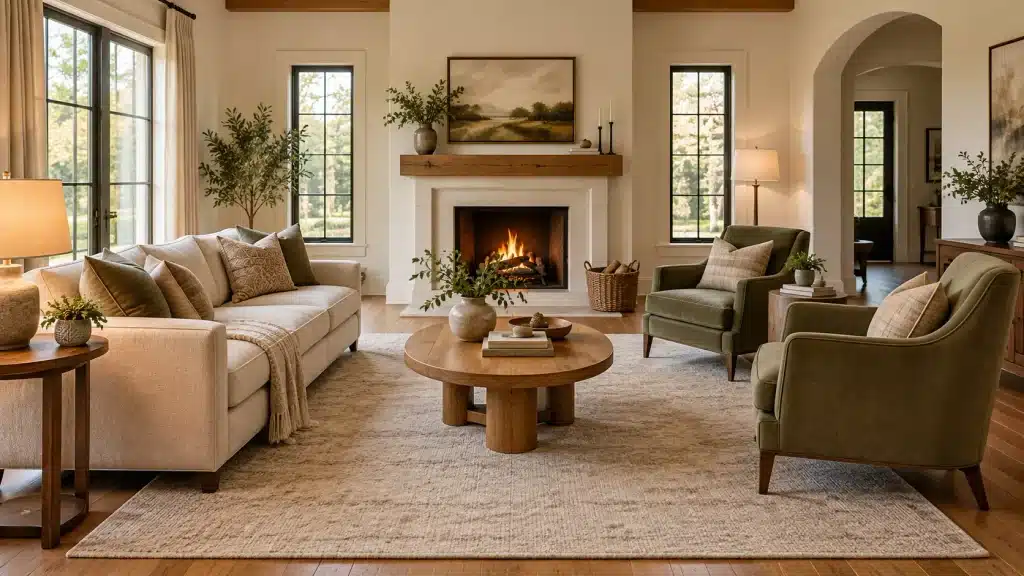 Beige sofa and two green armchairs arranged around an oval wooden coffee table in a sitting room