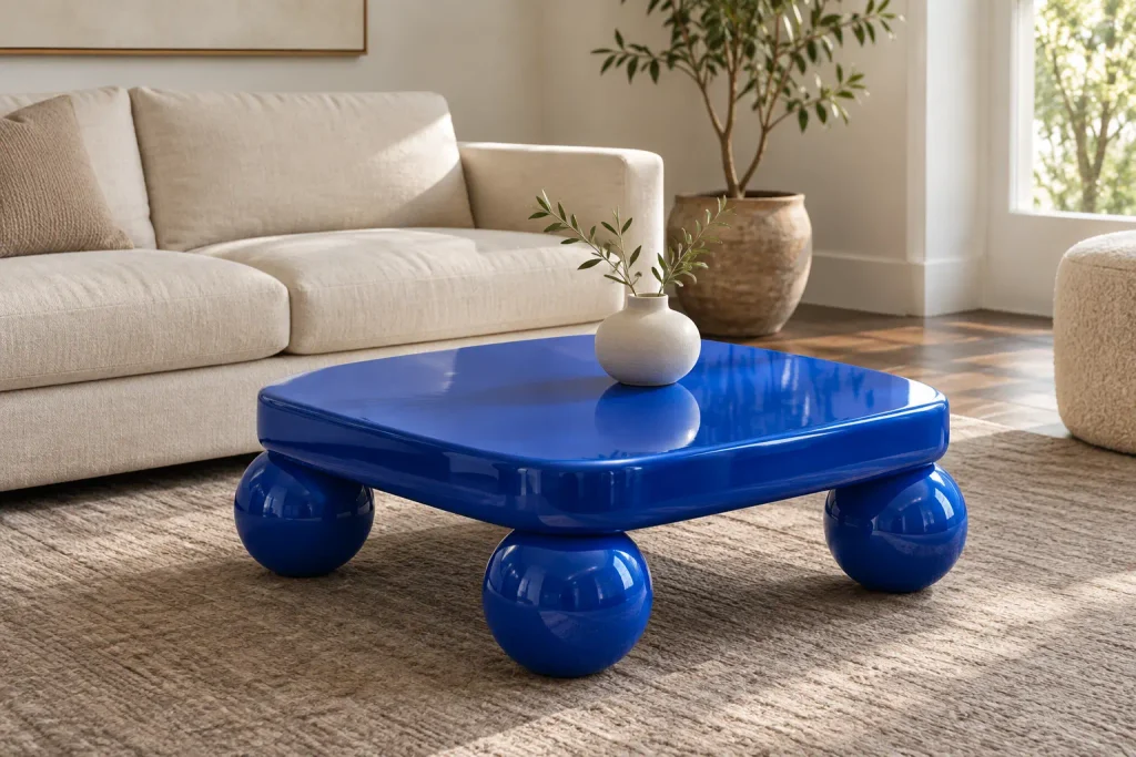 Cobalt blue lacquer coffee table with a rounded square top and glossy spherical legs