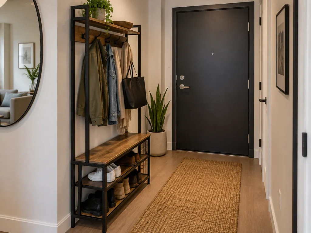 Slim black metal and wood mudroom hall tree in a narrow entryway with shoe shelves