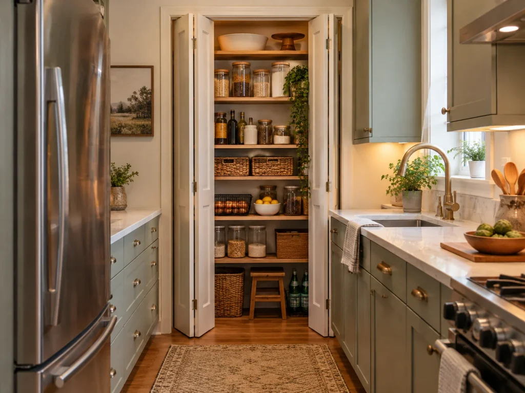White folding pantry doors open to reveal organized shelves in a compact kitchen