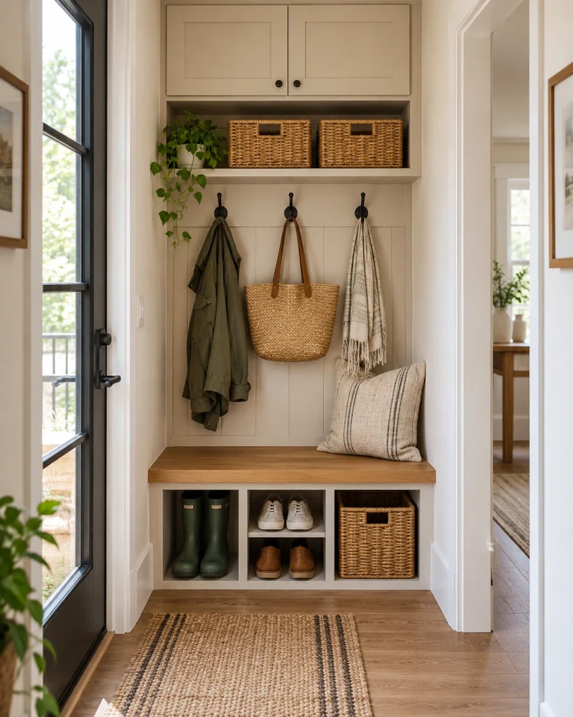 Small mudroom entryway with a wooden bench, wall hooks, woven baskets and open shoe storage
