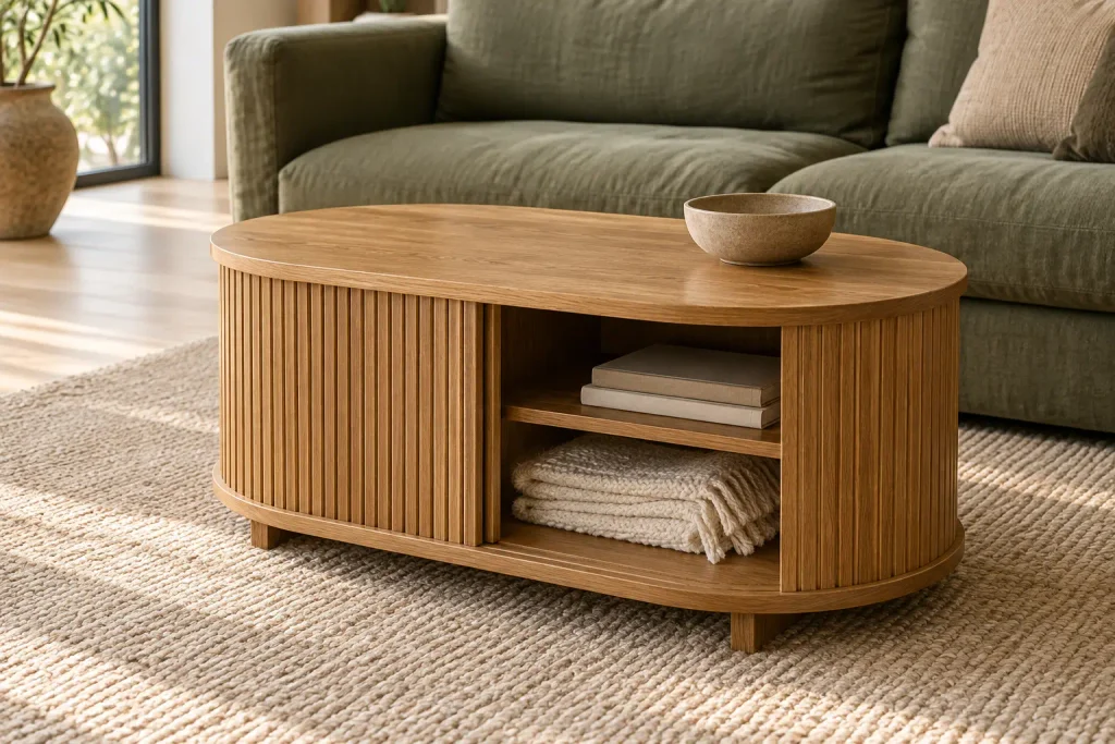 Fluted oak coffee table with a partially open tambour door revealing books and a folded blanket