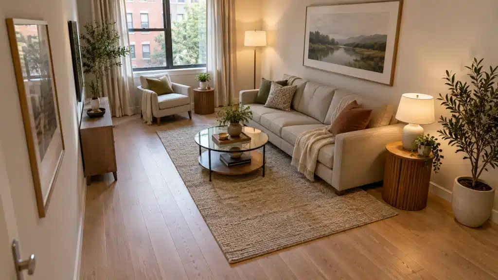 Small sitting room with a compact sofa, round glass coffee table, and an open walkway beside the seating area