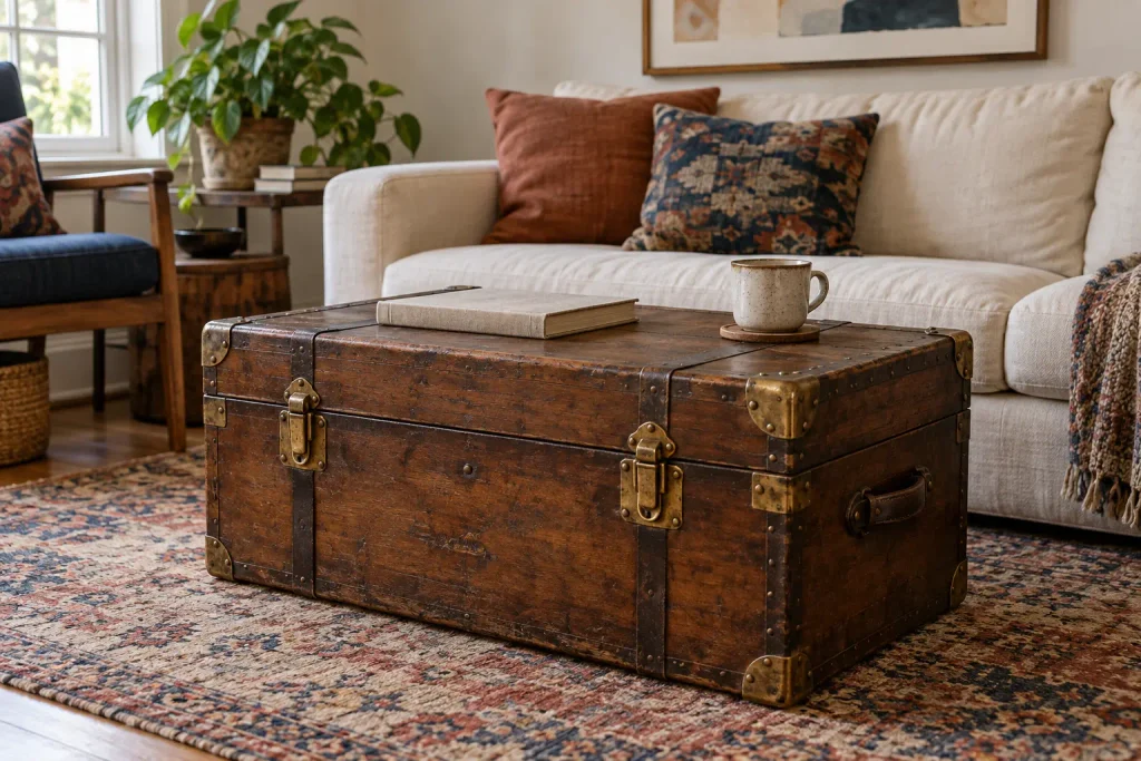 Vintage wooden trunk used as a coffee table, with dark straps, aged brass hardware, and a flat closed lid