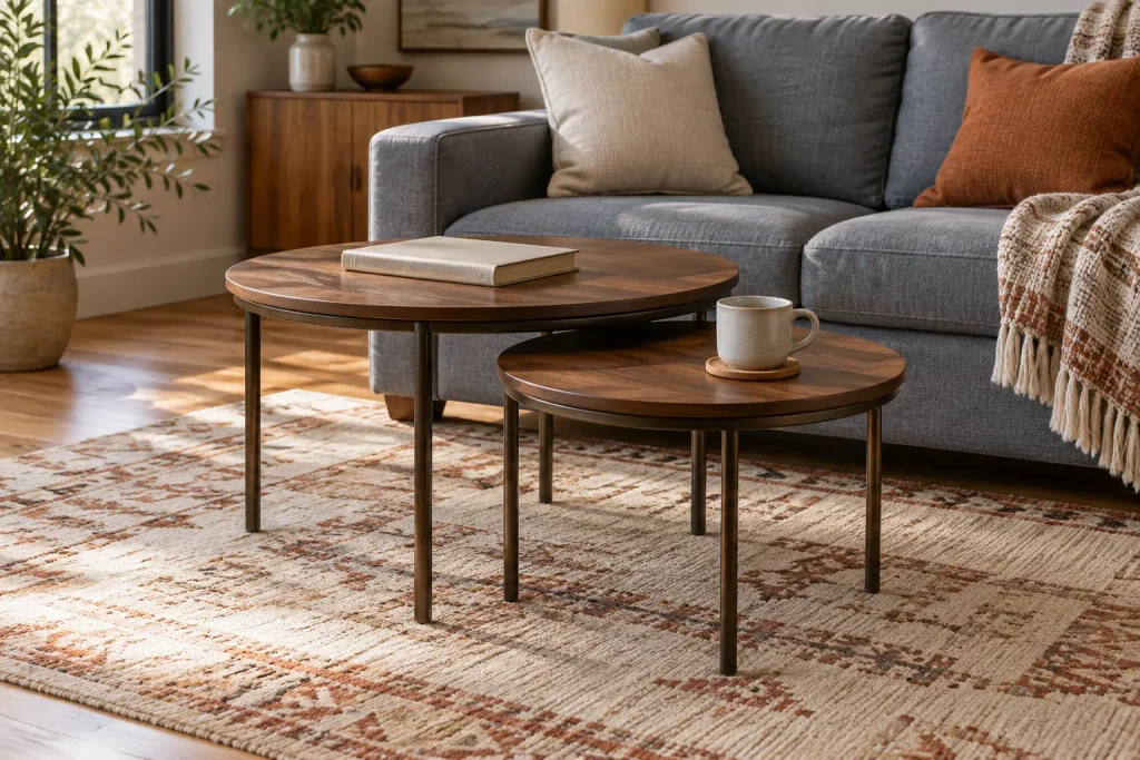 Two round walnut nesting coffee tables with slim metal legs in front of a gray sofa