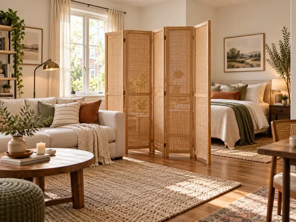 Four-panel rattan folding room divider separating a studio apartment bedroom from the living area