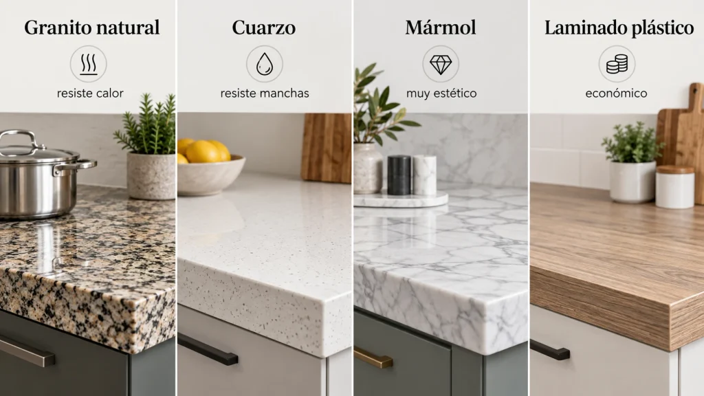 Comparación de cubiertas para cocina integral: granito natural, cuarzo, mármol y laminado plástico