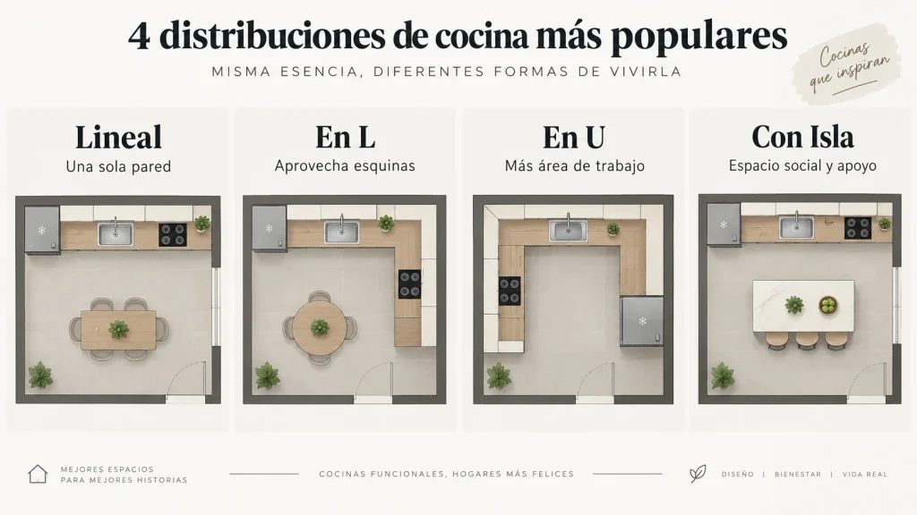 Cuatro distribuciones de cocinas integrales: lineal, en L, en U y con isla
