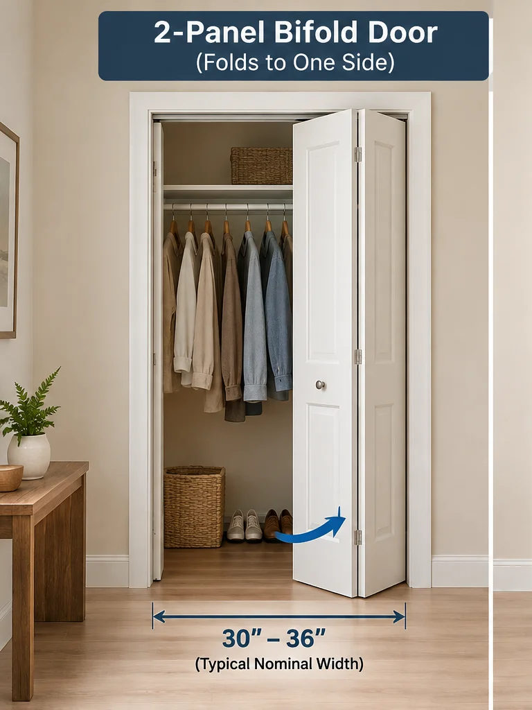 White two-panel bifold closet door folding to one side in a bedroom closet.