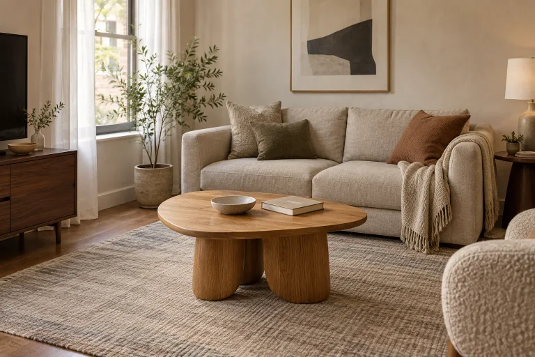 Small living room with a rounded triangular oak coffee table in front of a cream sofa