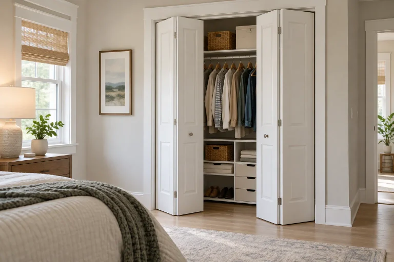 White bifold closet doors partially open in a bright bedroom with organized clothing storage
